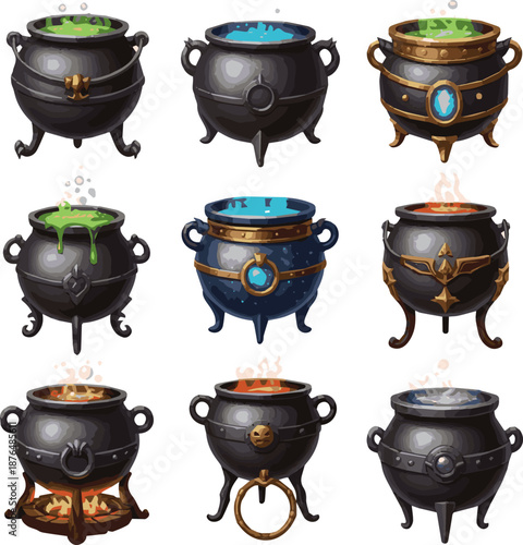 Create a kinds of deferent Witch cauldron isolated on white - 3d illustration vector art with white background.