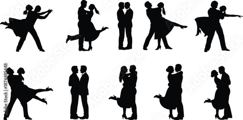 Romantic dancing couple silhouette collection featuring elegant ballroom poses, wedding love, passionate embraces and timeless romance isolated on white background