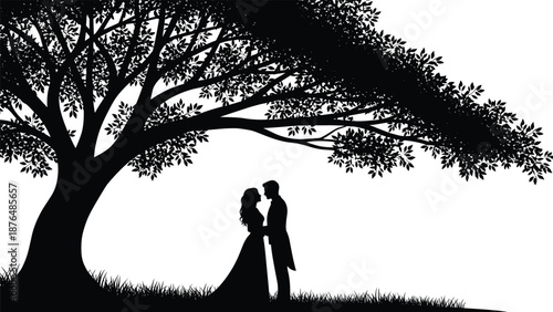 Romantic couple silhouette standing under a large tree, symbolizing love, togetherness, engagement and timeless romance isolated on white background