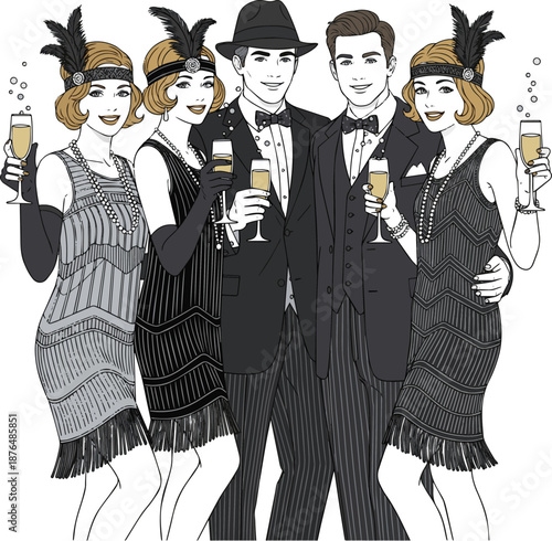 Create a group of friends standing and drinking champagne at a gatsby party vector art with white background..