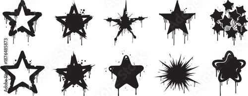 Set of black grunge stars with dripping paint effect for artistic and urban designs Vector
