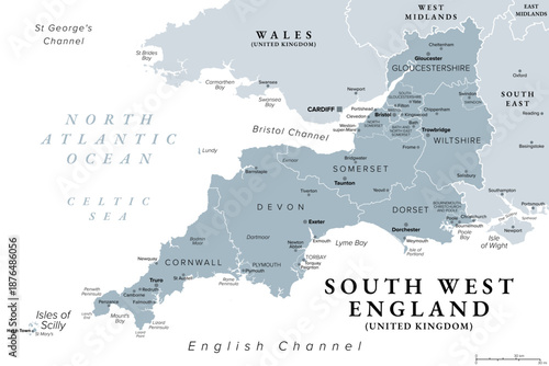 South West England, gray political map. Official region in the UK, consisting of counties and unitary authorities of Cornwall, Dorset, Devon, Bristol, Gloucestershire, Somerset, and Wiltshire. Vector
