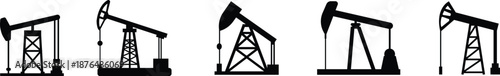 Oil Pump Jack Black Flat Style Vector Icon Set, Petroleum Industry Symbol Collection and Energy Outline Graphic Group Featuring Pumpjack, Oil Rig and Drilling Equipment