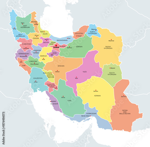 Provinces of Iran, multi colored political map, with borders, and capital cities. The Islamic Republic of Iran, historically known as Persia, a country in West Asia, divided into 31 provinces. Vector