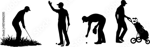 Silhouette set of golf player golfer action pose with club, postures swing, putt and ball, black isolated graphic illustration on white background