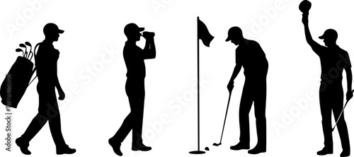 Silhouette set of golf player action pose with club, golfer postures swing, putt and ball, black isolated graphic illustration on white background