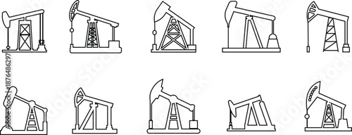 Oil Pump Jack Black Line Style Vector Icon Set, Petroleum Industry Symbol Collection and Energy Outline Graphic Group Featuring Pumpjack, Oil Rig and Drilling Equipment