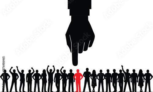 Business leadership concept illustration showing hand pointing to selected individual from crowd, symbolizing recruitment, decision making, hiring process, choice, talent selection, 