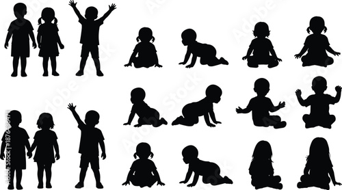 Children growth stages silhouette set showing babies, toddlers, and kids in various poses, ideal for childhood development concepts, family themes, education, and vector illustration design.
