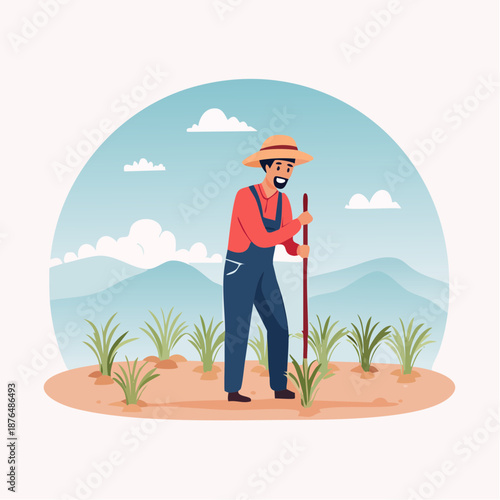 Farmer harvesting rice in paddy field flat illustration
