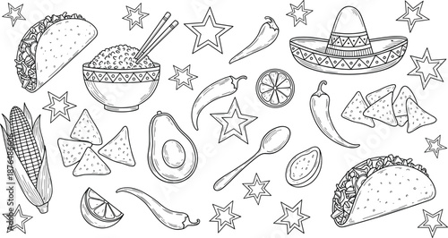 Hand drawn Mexican food doodle collection featuring tacos, nachos, chili peppers, avocado, sombrero, and traditional cuisine illustration set