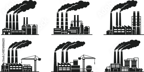 Industrial factory silhouettes with smokestacks and heavy machinery, illustrating manufacturing plants, pollution, power generation, construction sites,