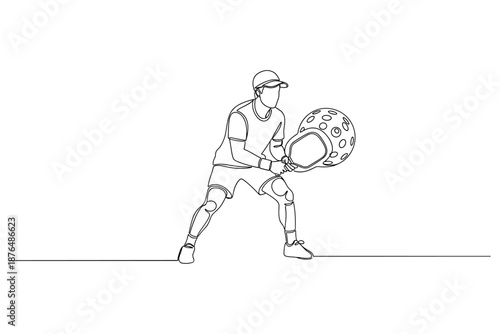 A single-line drawing captures the dynamic energy of a person playing pickleball, showcasing the unique perforated ball and the player's focused stance during a game