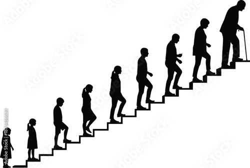 Human life stages silhouette illustration showing growth from childhood to old age climbing stairs, symbolizing life journey, aging process, personal development, 
