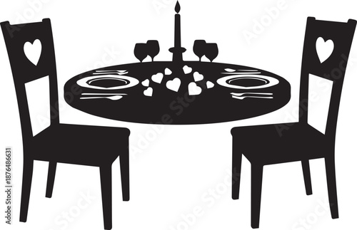 Silhouette of a romantic dinner table set for two with heart shaped chair backs
