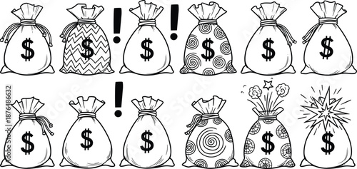 Hand drawn money bag doodle collection with dollar symbols, exclamation marks, and decorative patterns for finance, savings, and wealth concepts