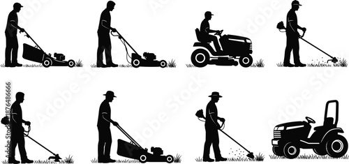 Silhouette set of professional lawn care workers using lawn mowers, trimmers, and garden tractors, illustrating landscaping, gardening services