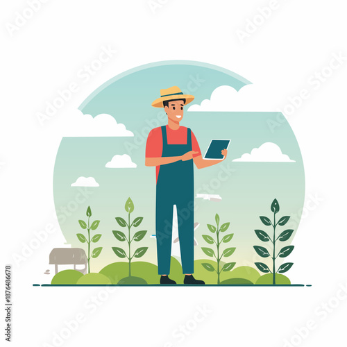 Farmer Using Mobile Technology in Field, Smart Agriculture Flat Vector Illustration