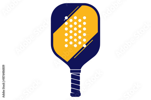 Vibrant graphic illustration of a pickleball paddle, designed with bold blue and yellow colors, symbolizing active recreational sports and competitive play