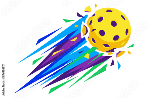 Dynamic pickleball graphic representing a yellow ball in motion with colorful abstract streaks, signifying speed and energy for sports and recreation
