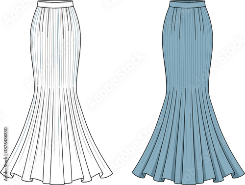 Vector illustration of long mermaid skirt technical sketch with ribbed texture, fashion flat design template in blue and white, isolated on white background.