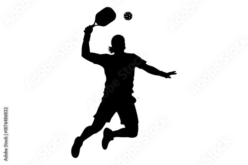 Energetic silhouette of an athlete in powerful mid-air action, striking a ball with a paddle, embodying the agility and intensity of a popular court sport