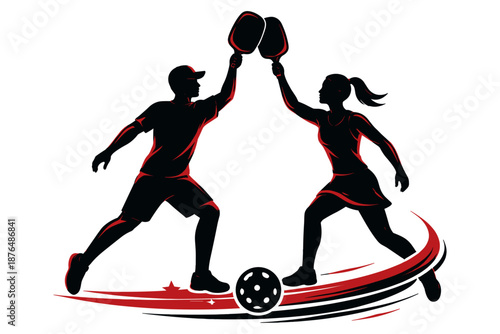 Dynamic illustration of two pickleball players, male and female, celebrating with paddles, symbolizing sport, teamwork, and active lifestyle joy
