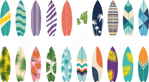 Vector illustration set of colorful surfboards with various tropical patterns and geometric stripes, summer beach holiday design elements, isolated collection on white background.