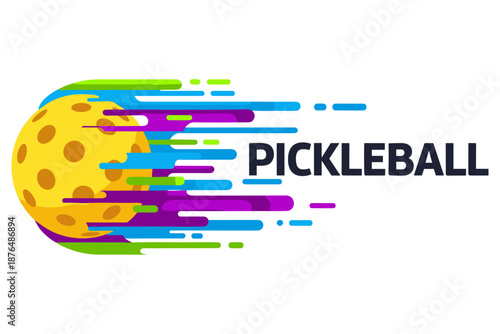 Dynamic Pickleball Sport Logo Illustration with Energetic Motion Streaks, Capturing the Fast-Paced Fun and Athleticism of the Popular Racket Game