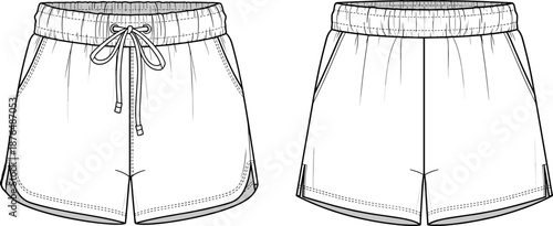 Vector technical sketch illustration of athletic shorts with elastic drawstring waistband, front and back views, fashion flat design template, isolated on white background.