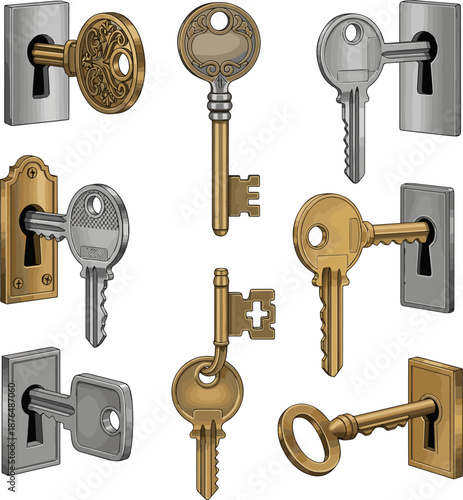 Create a kinds of deferent realistic Golden key in keyhole vector art with white background..