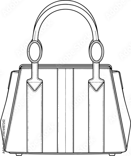 Vector technical sketch illustration of ladies leather handbag with top handles and stitching details, fashion flat design template, isolated on white background.