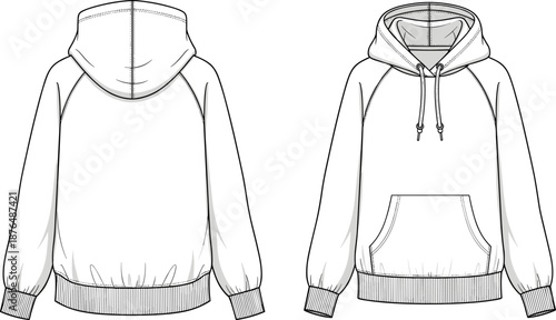 Vector technical sketch of oversized hoodie with raglan sleeves and kangaroo pocket, front and back views, fashion flat design template, isolated on white background.