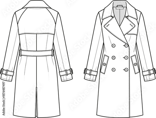 Vector technical sketch of women's double-breasted trench coat with belt and cuff details, front and back views, fashion flat design template, isolated on white background.