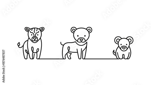 Cute cartoon line art animals, tiger cub, lion cub, bear cub, isolated on white