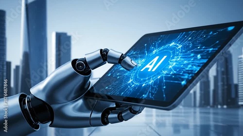 Robot hand holding a tablet with AI interface on the screen.