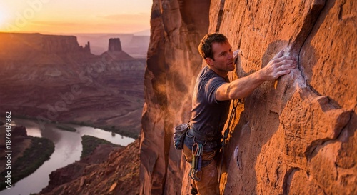 Rock Climbing at Sunset in Desert Canyon Landscape Adventure Scene