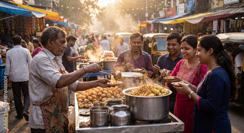 Busy Street Food Market Scene with Vibrant Vendors and Happy Customers