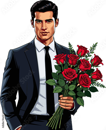 Create a realistic Handsome man standing and holding a bouquet of red roses in his hand vector art with white background.