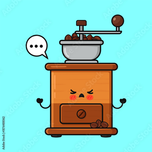 Grumpy cartoon coffee grinder mascot thinking about grinding beans