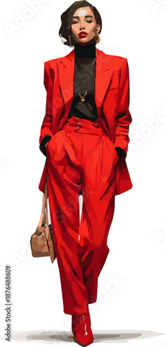 Create a realistic sexy woman in a red suit standing vector art with white background