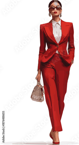 Create a realistic sexy woman in a red suit standing vector art with white background