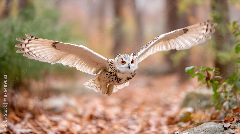 Obraz premium Majestic flying owl with widespread wings and vivid orange eyes hunting in autumn forest, beautiful bird of prey in flight
