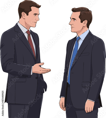 Create a realistic two businessmen standing and discussing vector art with white background.