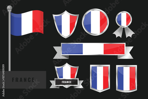 France flag set. Collection of France national emblems. Flat design of flags collection.