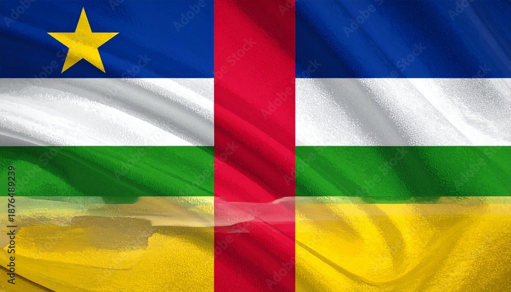 Obraz premium A flag with four horizontal stripes—blue, white, green, yellow—and a vertical red stripe intersecting them, with a yellow five-pointed star in the top left corner, representing Central African Republi