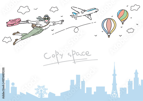 アクティブシニア 女性 旅行 イラスト コピースペース 横長 A判比率