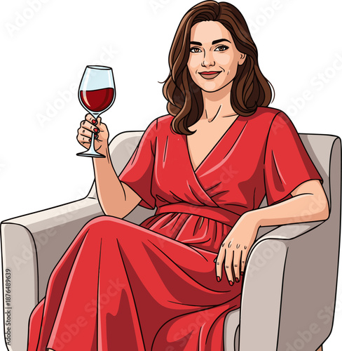 Create a realistic Woman in a relaxed red dress sitting in an armchair and drinking wine and smiling vector art with white background.