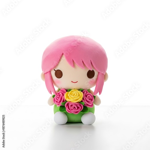 Adorable kawaii style plush toy featuring bright pink hair and holding a colorful bouquet of felt roses against a clean white background