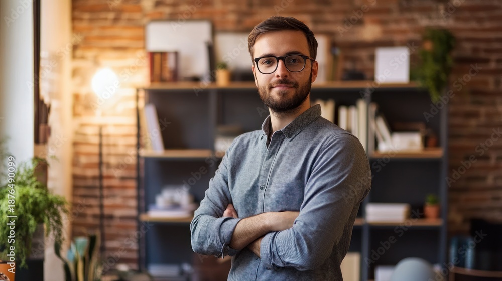 Fototapeta premium Confident young man with arms crossed in a modern office setting.